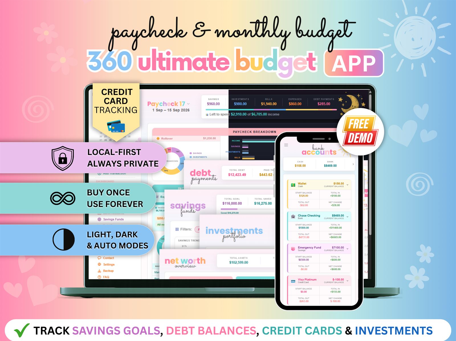 360 Ultimate Budget App on a laptop and phone, showing the colorful paycheck, debt, savings and net worth screens
